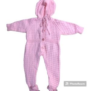 Pink Hand-knit Sweater Onsie With Hood Button Front
